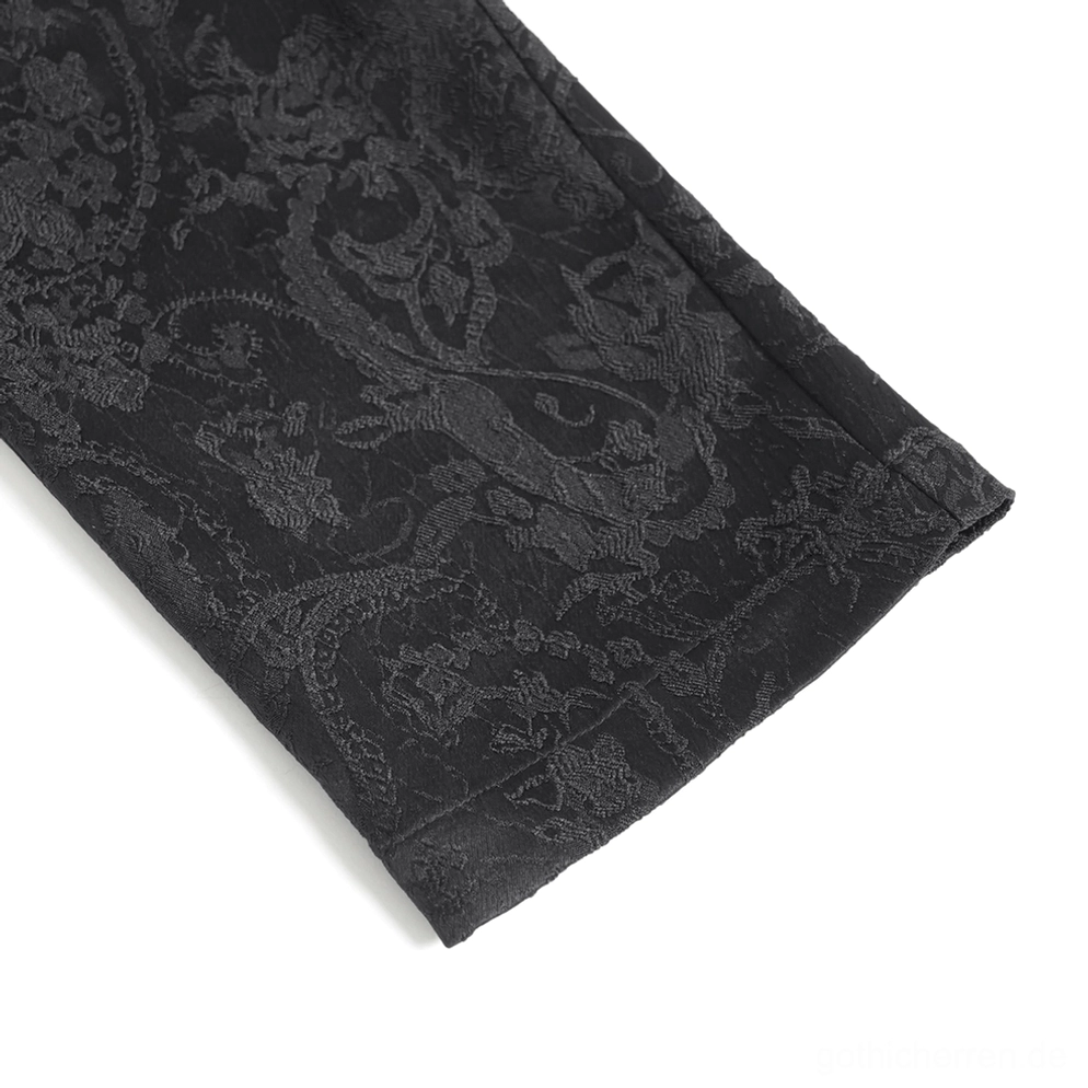Detailaufnahme schwarze viktorianische Gothic Cargohose Metallzubehör zeigt ornate silberne Schnallen und Jacquard-Brokat Stoffstruktur