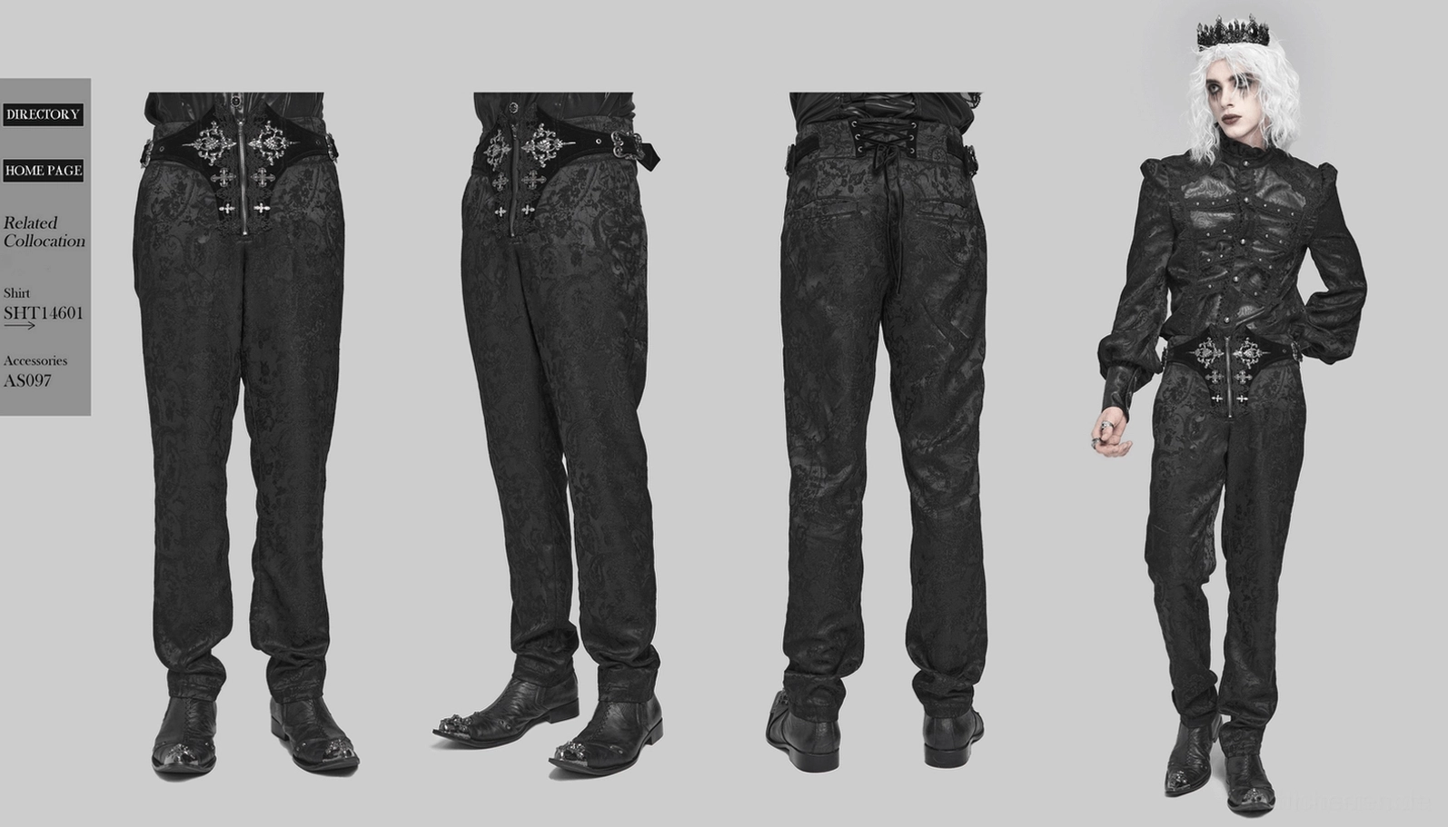 Viktorianische schwarze Gothic Cargohose Detailaufnahme mit silberner Kreuzstickerei und luxuriösem Jacquard-Brokat Stoff