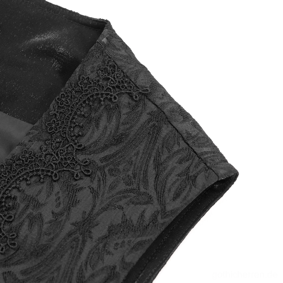 Makro-Nahaufnahme schwarzer Damast-Jacquard-Gewebestruktur auf Gothic-Weste mit Spitzeneinfassung und Seidenfutter