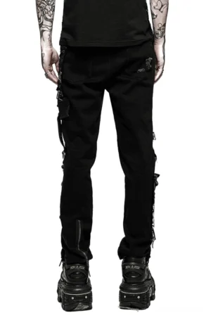 Schwarze zerrissene Gothic Slim-Fit Röhrenhose Rückansicht mit seitlichen Schnürdetails und Knöchelreißverschlüssen