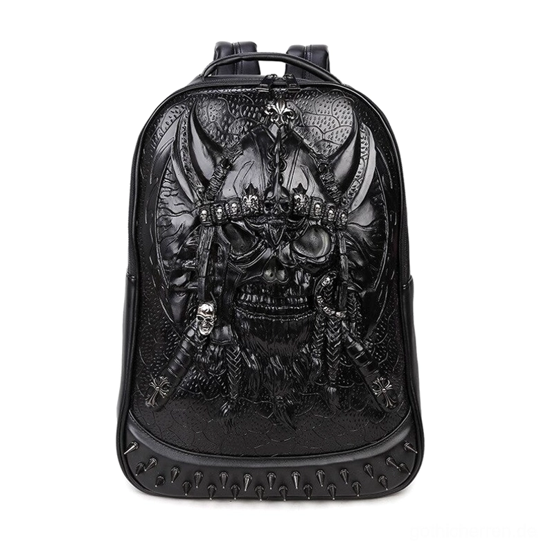Schwarzer 3D-geprägter Totenkopf Gothic Lederrucksack Vorderansicht mit vernietetem Rand und Krieger-Schädel-Design
