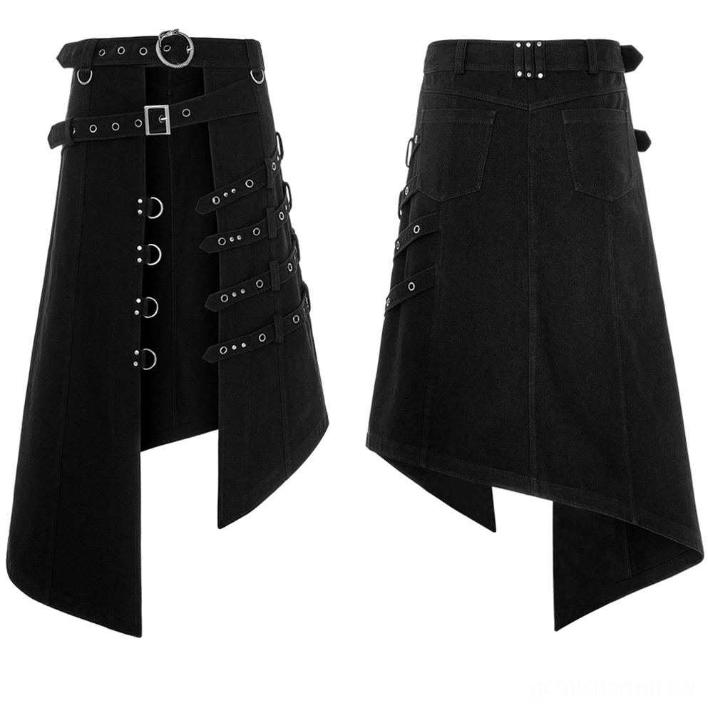 Schwarzer asymmetrischer Gothic-Herrenrock Flachaufnahme mit mehreren Schnallen-Riemen und silberfarbener Hardware, zeigt detaillierte Konstruktion und Ouroboros-Schnalle