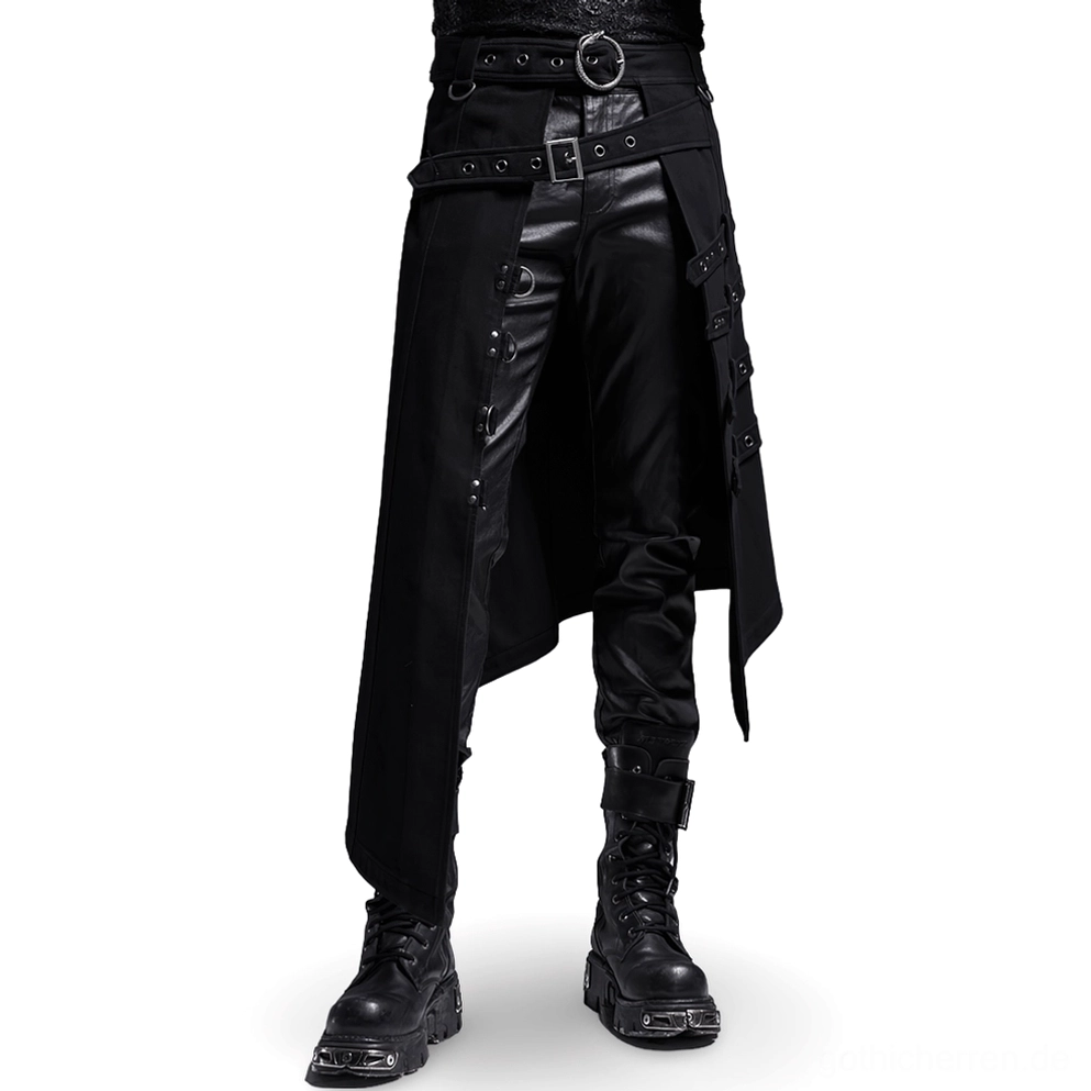 Schwarzer asymmetrischer Gothic Herrenrock mit Ouroboros-Schlangenschnalle in Frontansicht auf männlichem Model, zeigt mehrlagige Riemen und asymmetrischen Saum mit Industrial-Hardware