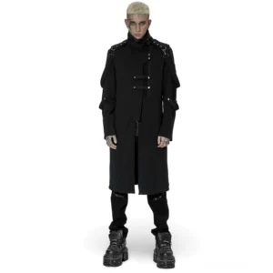 Schwarzer asymmetrischer Gothic Trenchcoat für Herren - Vorderansicht volle Figur mit Metallschulterriemen und Nietendetails asymmetrischer Kragen