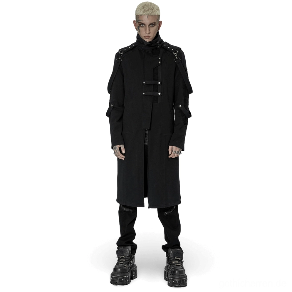 Schwarzer asymmetrischer Gothic Trenchcoat für Herren - Vorderansicht volle Figur mit Metallschulterriemen und Nietendetails asymmetrischer Kragen