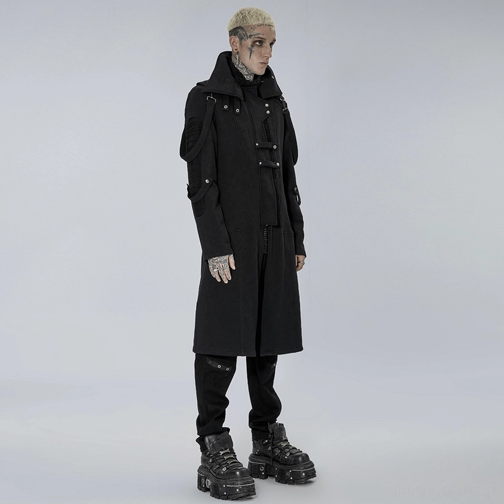 Schwarzer asymmetrischer Hochkragen Gothic Trenchcoat - Vorderansicht Flachlage zeigt Gesamtkonstruktion und Designelemente komplete Ansicht