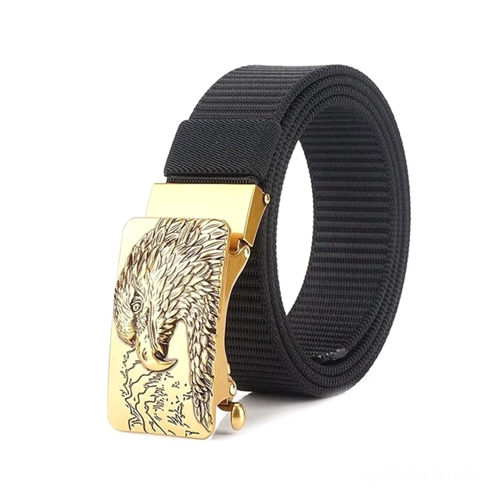 Schwarzer Gothic Canvas Tactical Gürtel mit goldfarbener Adler-Schnalle Dreiviertelseitenansicht zeigt Canvas-Textur und Schnallendetails