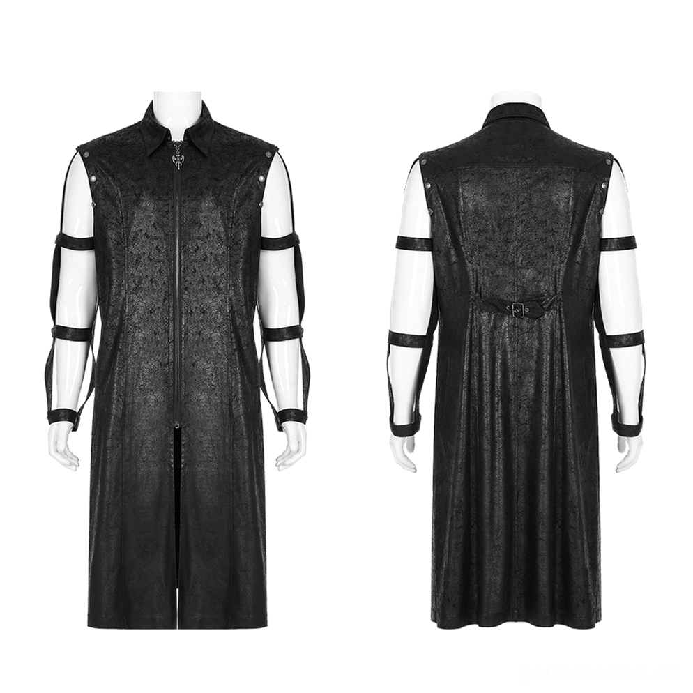 Frontansicht des schwarzen Crackle-Gummi Gothic Longline Mantels auf Mannequin mit abnehmbaren Arm-Harness-Straps und strukturierter Silhouette