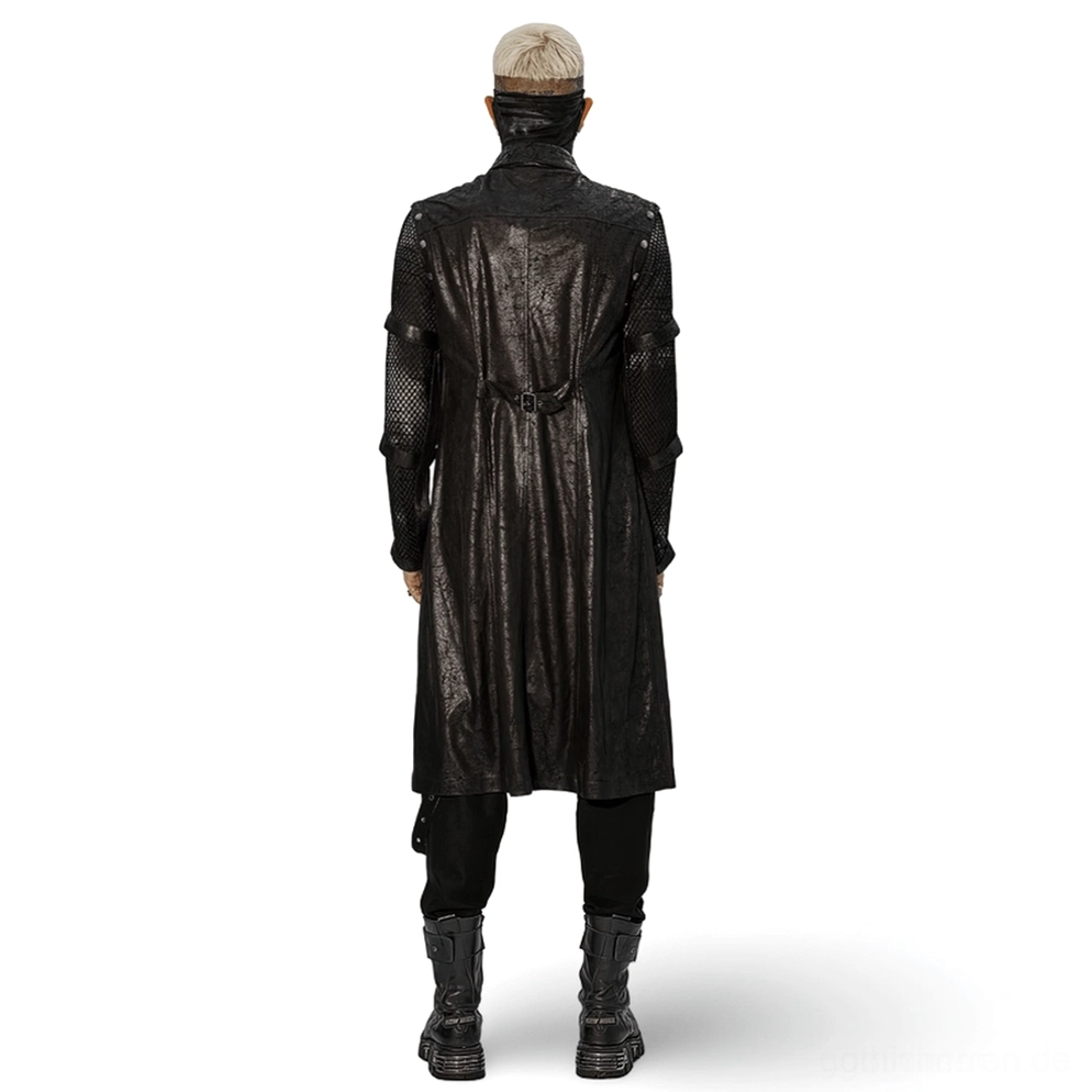 Rückansicht des schwarzen Crackle-Gummi Gothic Longline Mantels mit Rücken-Taille-Strap und Leder-Mesh-Ärmel-Details