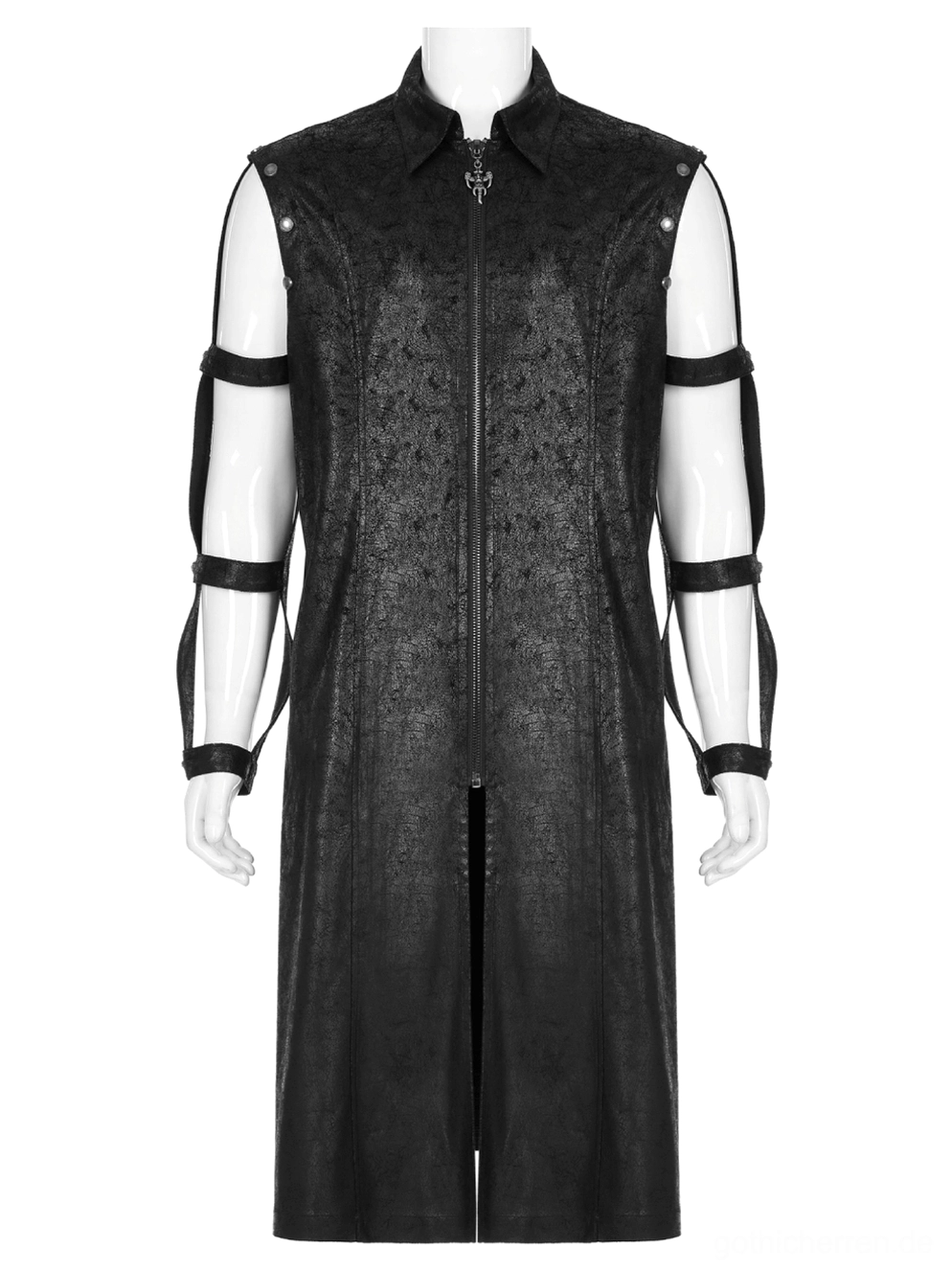 Frontansicht des Mannequins in schwarzem Crackle-Gummi Gothic Longline Mantel mit abnehmbaren Arm-Straps und Metall-Schnallen-Verschlüssen
