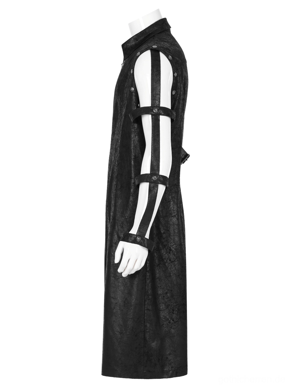 Seitenansicht des schwarzen Crackle-Gummi Gothic Longline Mantels mit schlankem tailiertem Schnitt, Arm-Strap-Details und sleevelosem Armor-Design