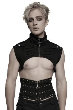 Schwarzer Denim Gothic Umhang mit Hochkragen, asymmetrischem Front-Reißverschluss und Hollow-Cutout, getragen von männlichem Model mit studiertem Punk-Styling