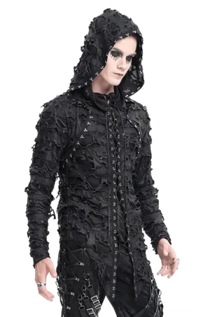 Schwarzer distressed Gothic Kapuzenpullover mit Schnürverschluss, getragen von männlichem Model in drei-Viertel-Linksansicht mit vorderen Schnür-Details und ausgefranstem Stoff