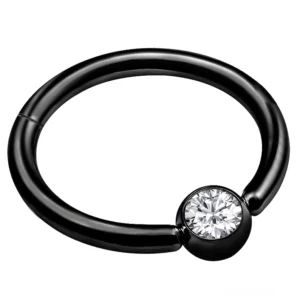 Schwarzer plattierter doppellagiger Hinged Segment Nasenclicker Ring mit Kristall-Akzent - Frontansicht mit Zirkonia