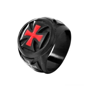 Schwarzer Gothic Eisernes Kreuz Biker Ring Frontansicht mit rotem Emaille-Kreuz, 18mm breites mattschwarzes Band aus 316L Edelstahl, alternative Schmuckunisex