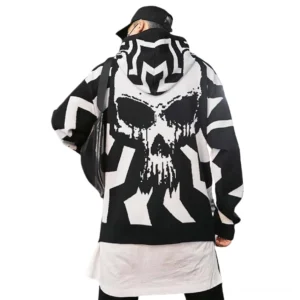 Schwarzer geometrischer Schädel-Druck Hoodie Rückperspektive - dunkle ästhetische Stricktextur mit kühner Rückengrafik