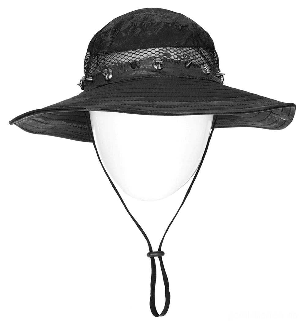 Großer breiter schwarzer Gothic Bucket Hat mit Mesh-Krone und Metall-Nieten auf Schaufensterkopf Vorderansicht - Wide Brim Gothic Hut