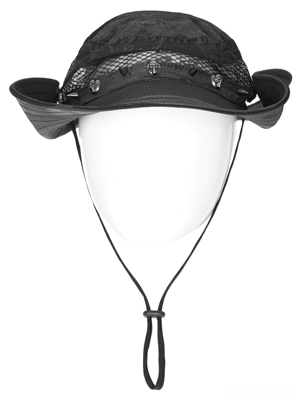Gerollter schwarzer Gothic Bucket Hat mit verstellbarem Kinnband und verwitterter Stoff-Textur auf Schaufensterkopf - Gothic Hut verstellbare Krempe