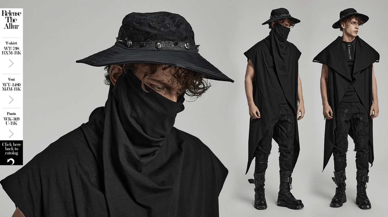 Schwarzer Gothic Bucket Hat mit Totenkopf-Nieten und verstellbarem Rand – vollständige Produktansicht des alternativen Herren-Hutes