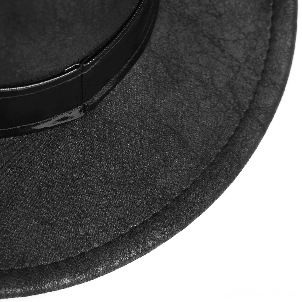 Schwarzer Gothic Cowboy Hut mit vollständiger Metall-Nieten-Verzierung entlang des gesamten Krempenumfangs, robustes Punk-Rock-Design