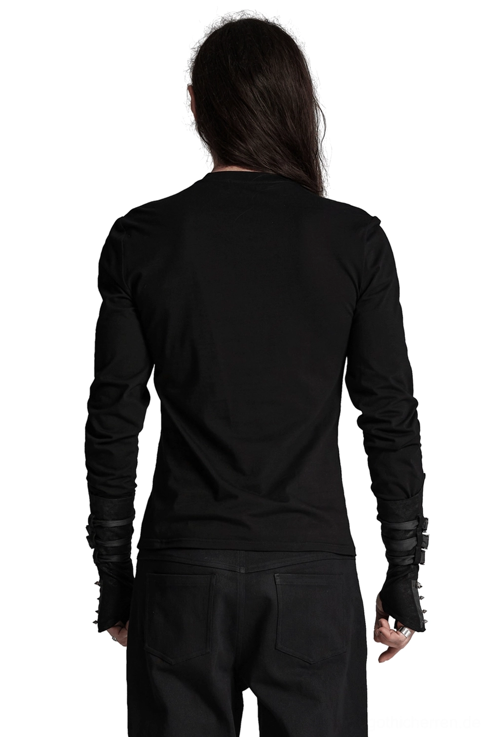 Schwarzer Gothic Cyberpunk Rüstungs-Sweater Rückansicht von vollständiger Figur mit tailierter Silhouette und Schulter-Rüstungs-Akzenten