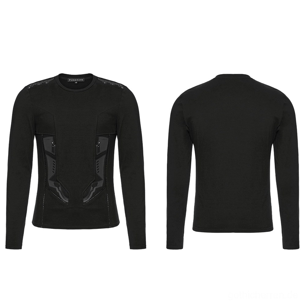 Schwarzer Gothic Cyberpunk Rüstungs-Sweater Flachlage Vorder- und Rückansicht Vergleich mit taktischer Panzerungsdetaillierung