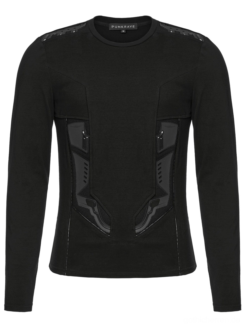 Schwarzer Gothic Cyberpunk Rüstungs-Sweater Vorder-Flachlage mit Rundhals und Torso Cyber-Rüstungs-Patches auf weißem Hintergrund