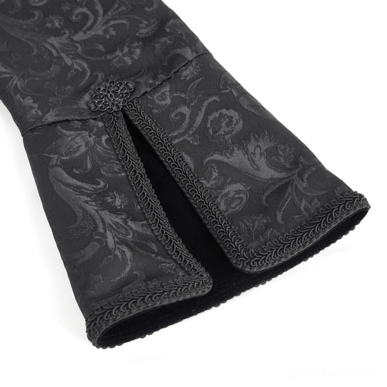 Ausgestellte Manschette Detail schwarzer Gothic-Swallowtail-Frackmantel, gestickte Kanten und gespaltener Manschetten-Design Nahaufnahme