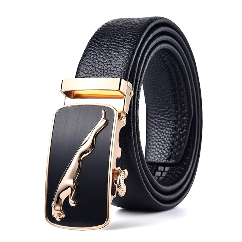 Schwarzer Leder-Gothic-Gürtel mit roségoldenem und schwarzem Leoparden-Design Schnalle, drei-viertel Präsentation