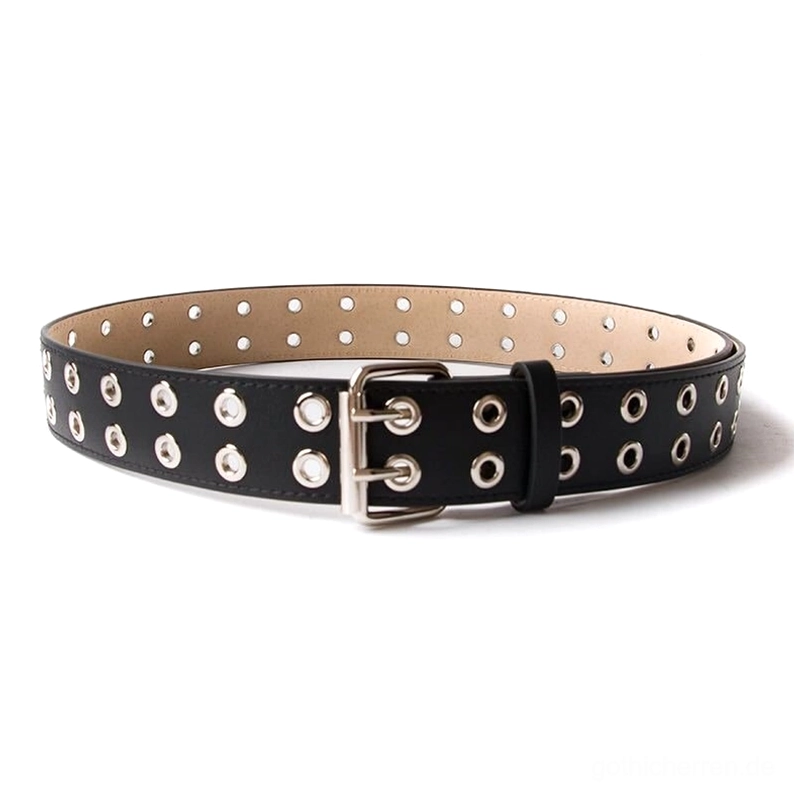 Schwarzer Gothic-Taillengürtel mit Doppelreihen-Metallnieten und Punk-Rock-Pin-Schnalle
