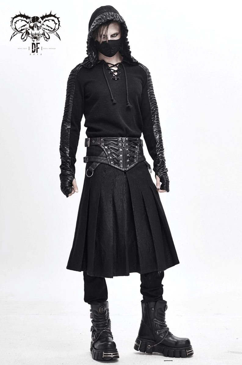 Flachlage von oben des asymmetrischen schwarzen Gothic-Herrenrocks mit Gesamtsilhouette und Passform-Übersicht
