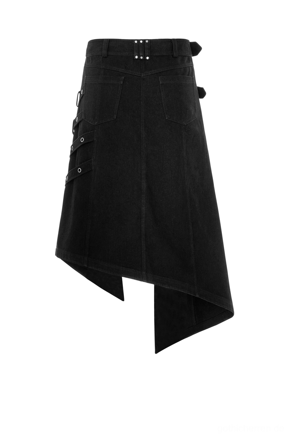 Rückseite Flachaufnahme des schwarzen asymmetrischen Gothic-Herrenrocks mit Taillenriemen-Schleifen und Rückentaschenkonstruktion, minimalistisches Rückdesign