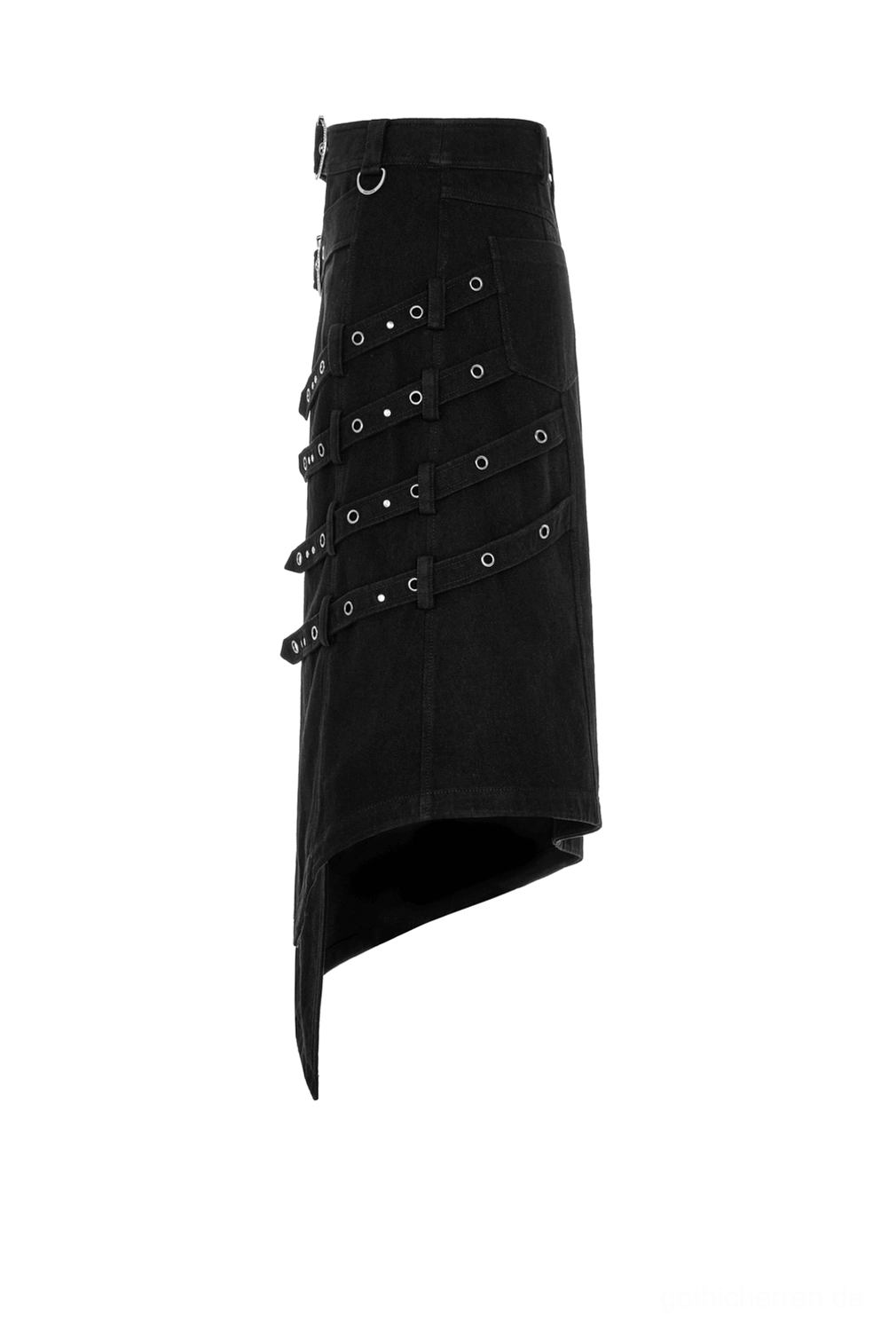 Seitenansicht Flachaufnahme des schwarzen Gothic-Herrenrocks mit Nieten-Riemen und markant asymmetrischem gekrümmtem Saum, zeigt Industrial-Designelemente