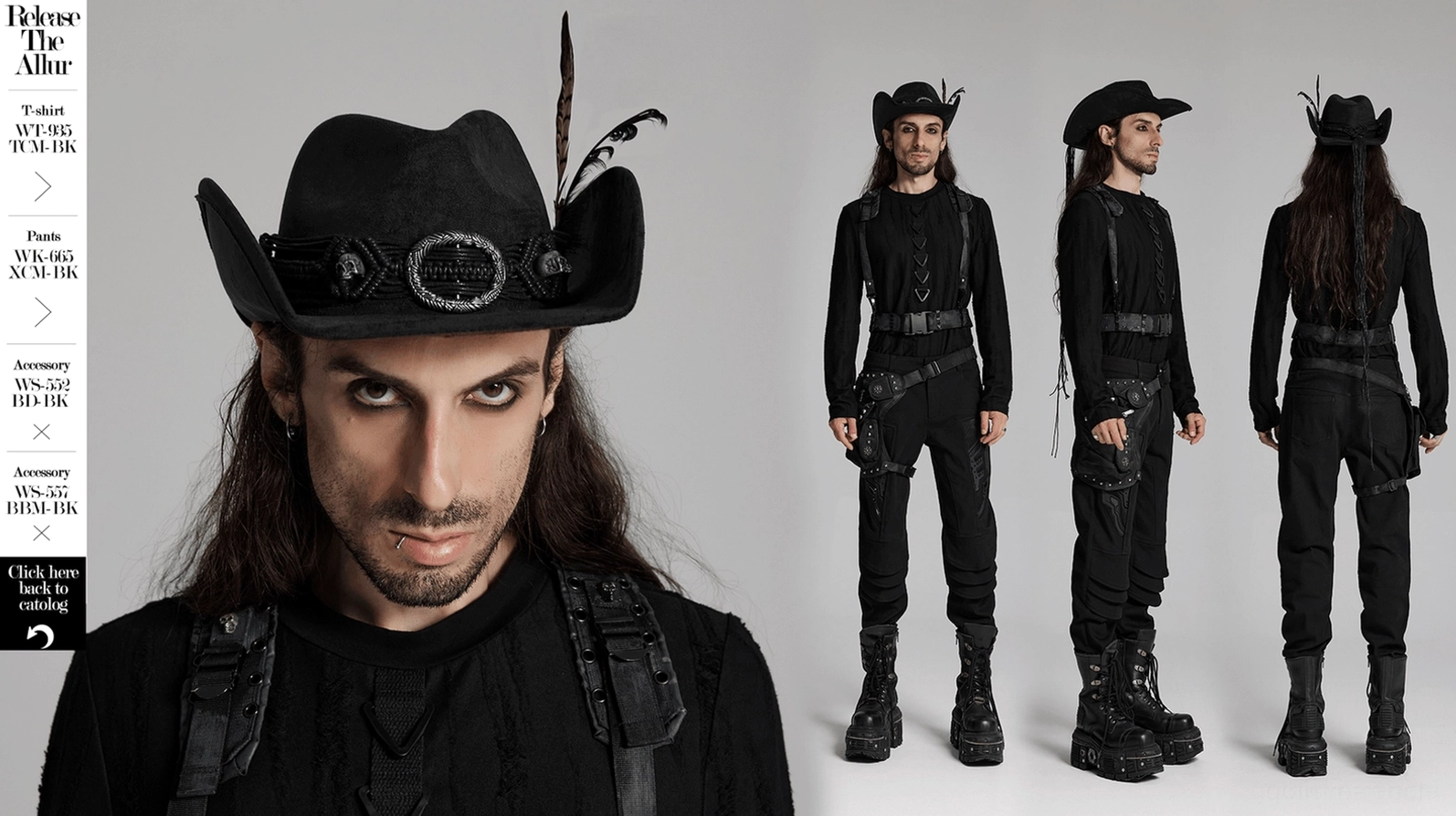 Schwarzer Gothic-Hörner-Cowboyhut Lifestyle-Fotografie, getragen von männlichem Modell in kompletter gotischer Garderobe, zeigt Styling-Versatilität und Tragekomfort bei alternativer Fashion