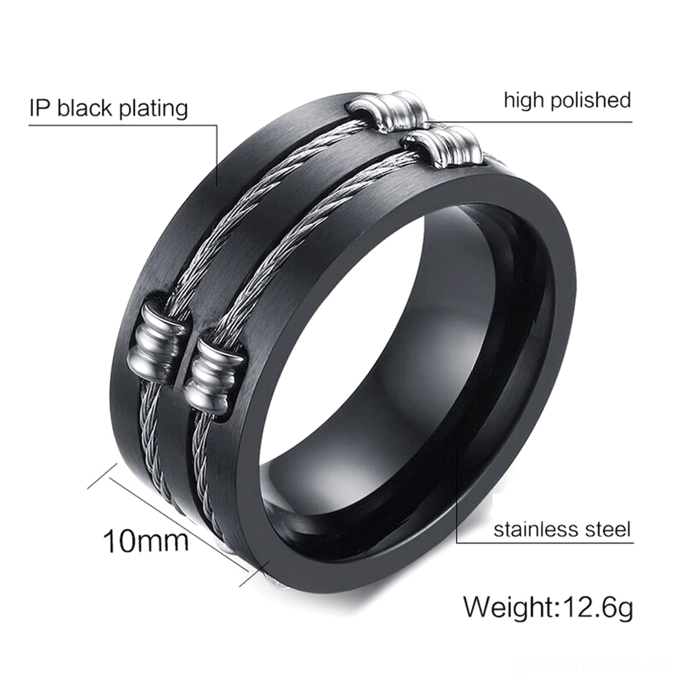 Schwarzer mattierter Edelstahl Gothic Ring 10mm Breite Draufsicht mit Gewichtsetikett und hochglanzpolierter Oberfläche
