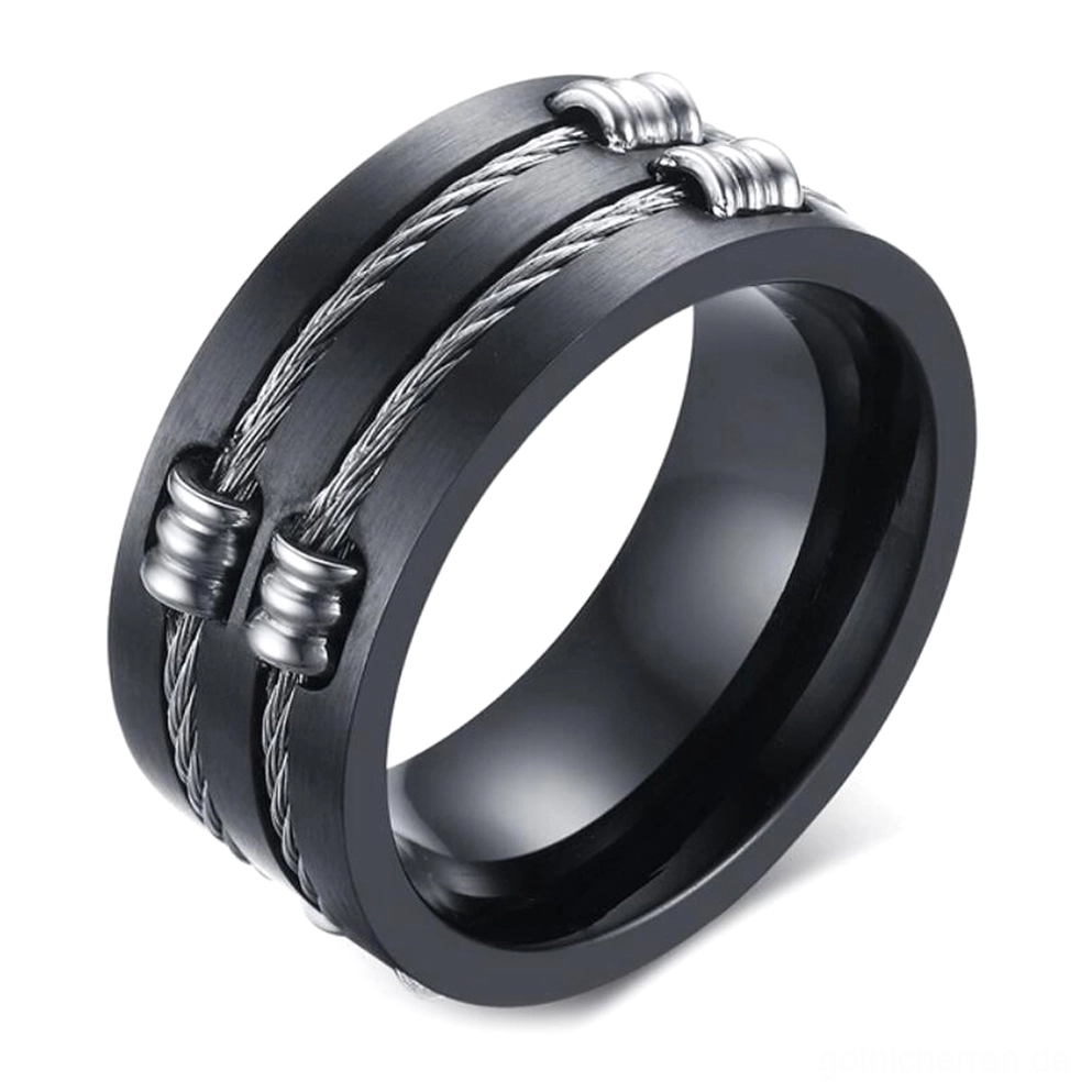 Schwarzer Edelstahl Gothic Kabelring 45-Grad-Seitenansicht mit eingebettetem verdrehtem Silberkabelmuster und industriellem Design