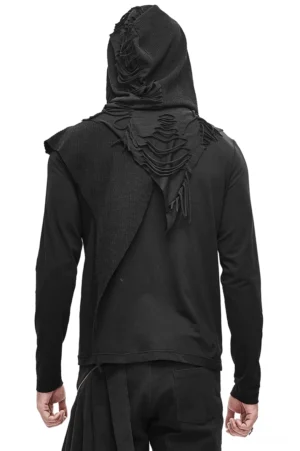 Gothic schwarzer Kapuzenpullover Rückansicht mit asymmetrischem Panel und Quasten-trimmed Kapuze, Studio-Fotografie, alternative Menswear, dekonstruierte Design-details