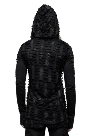 Rückenansicht des schwarzen zerstörten gotischen Hoodies mit vollständiger Riss-Textur und angebrachter Kapuze