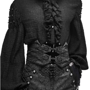 Schwarzer Gothic Korsettgürtel mit ornamentalem Brokat-Jacquard und geschnitzten Vorderschnallen, Close-up Studio-Aufnahme des feinen Handwerks