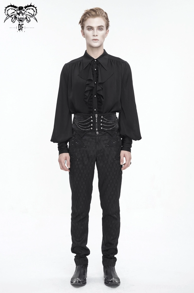 Gothic Herren-Korsettgürtel Detailansicht zeigt strukturierte Jacquard-Stofftextur und präzise Metallstift-Platzierung auf schwarzer Oberfläche
