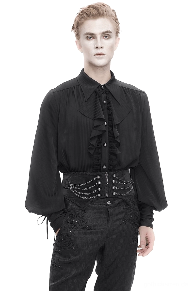 Schwarzer Gothic Korsettgürtel mit Metallketten-Details vollständige Vorderansicht getragen von männlichem Model in Ganzkörperaufnahme mit kompletter schwarzer alternativer Kleidung