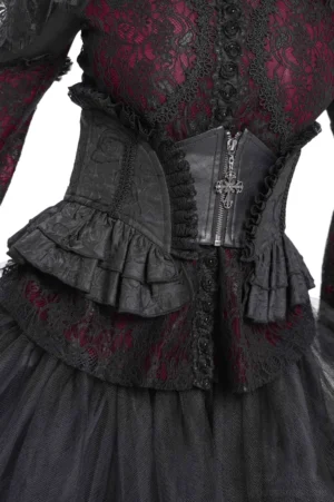 Schwarzer Gothic Korsettgürtel mit Kreuz-Reißverschluss Vorderansicht Details auf Model getragen Ornamentales Design Spitzenverzierung