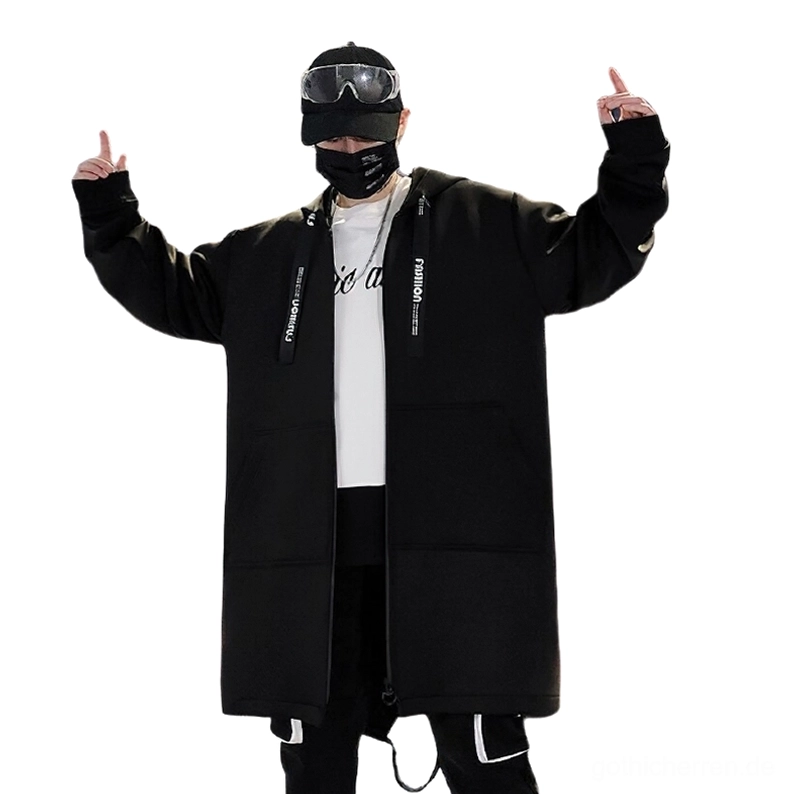 Schwarzer Gothic Kreuz Hoodie Mantel für Herren, vordere Vollansicht mit Kreuzprint und Reißverschluss, alternative Streetwear Mode