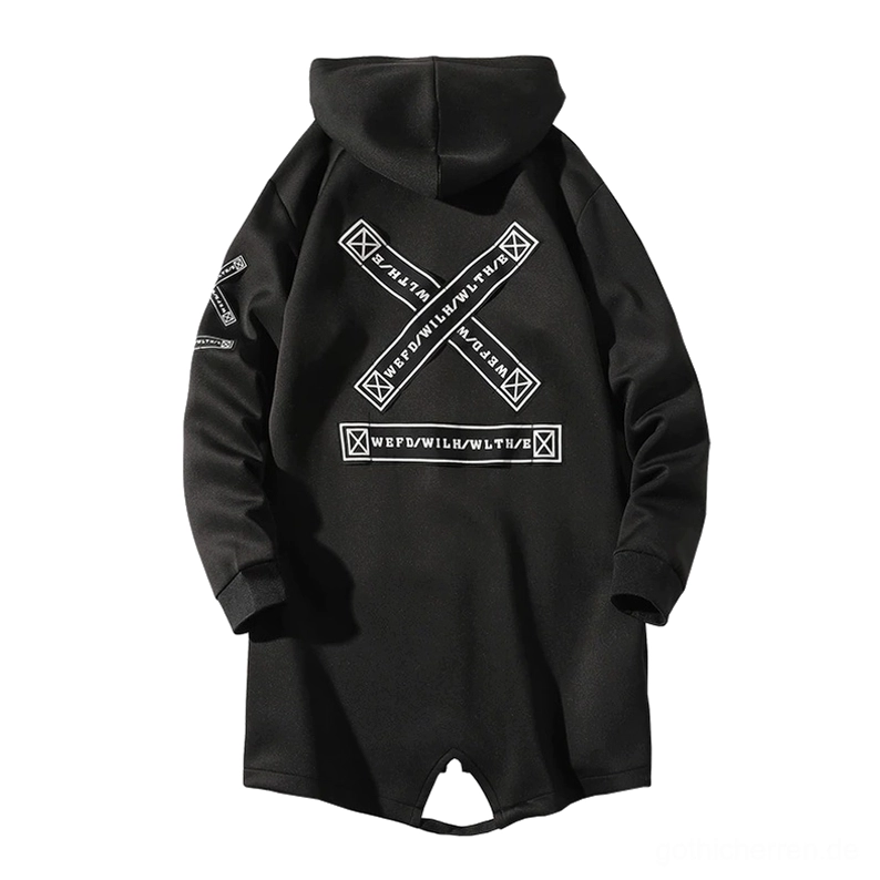Schwarzer Gothic Kreuz Mantel Flachlage Rückansicht, Split-Saum und Kreuzgrafik-Detail, alternative Streetwear Jacke
