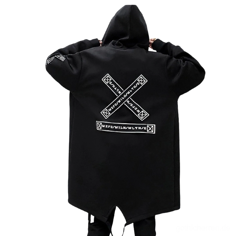 Schwarzer Gothic Mantel Rückansicht, großer Kreuzgrafik-Print und gespalteter Saum Design, alternative Streetwear Jacke Herren