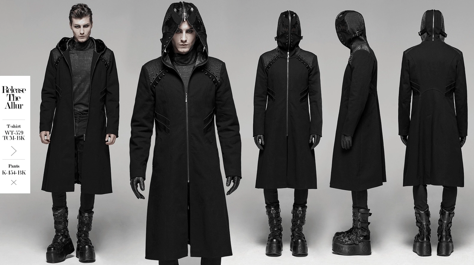 Schwarzer Gothic-Mantel mit Kapuze sekundärer Winkel auf Modell zeigt Mantellänge, Kapuzen-Proportionen, schlanke Ärmel und taillierten Schnitt von oben