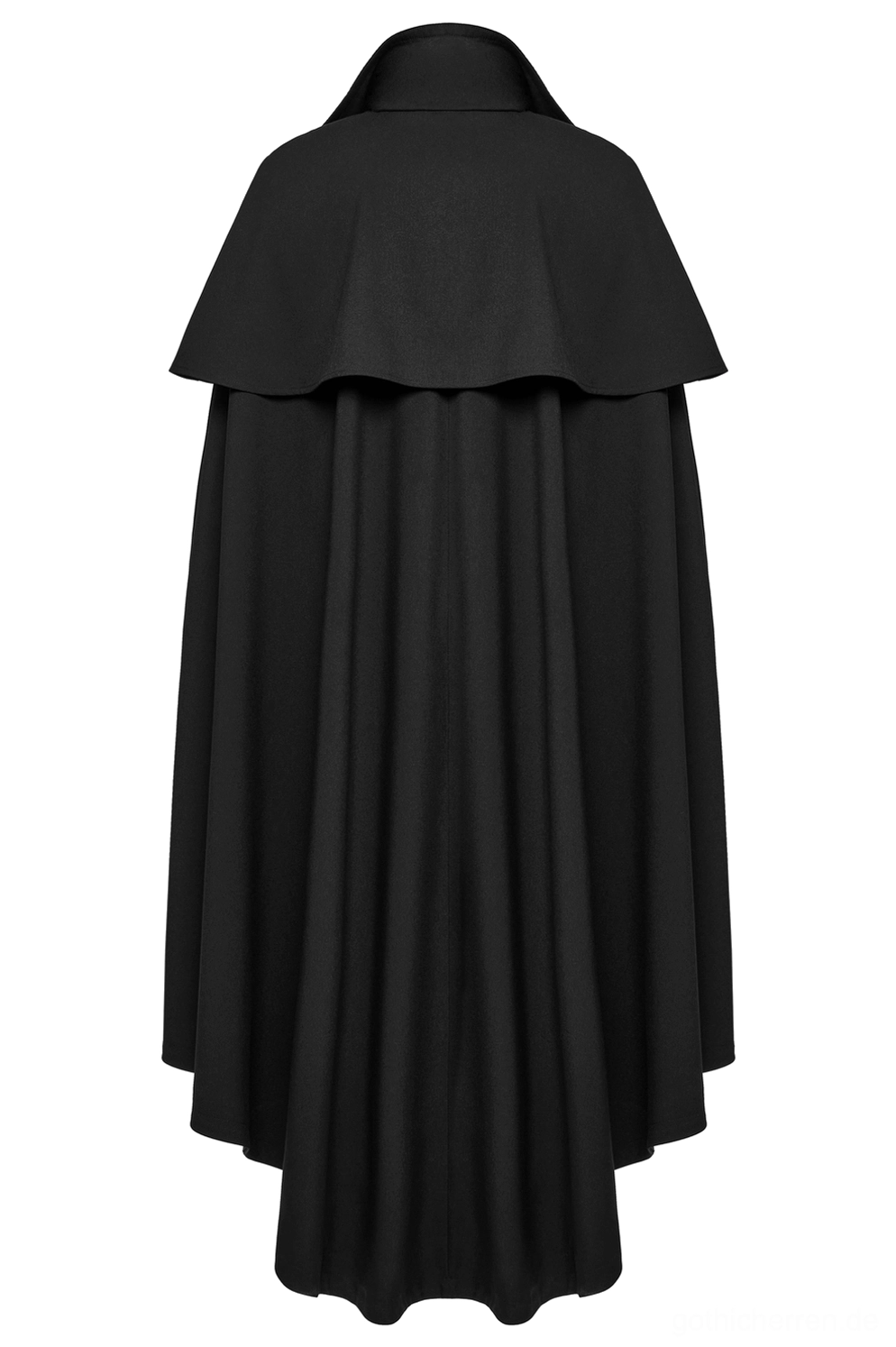 Schwarzer Gothic-Mantel Rückseite Flatlayaufnahme mit gestaffeltem Schulter-Kragen, unebener Saum und geprägte Samtdetails auf weißem Untergrund