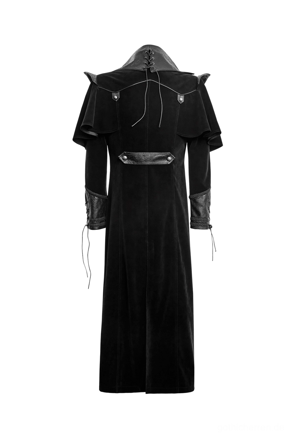 Schwarzer Gothic-Mantel Rückansicht-Flachlage zeigt Taillenleder-Panel und Schnür-Schulterbänder Details