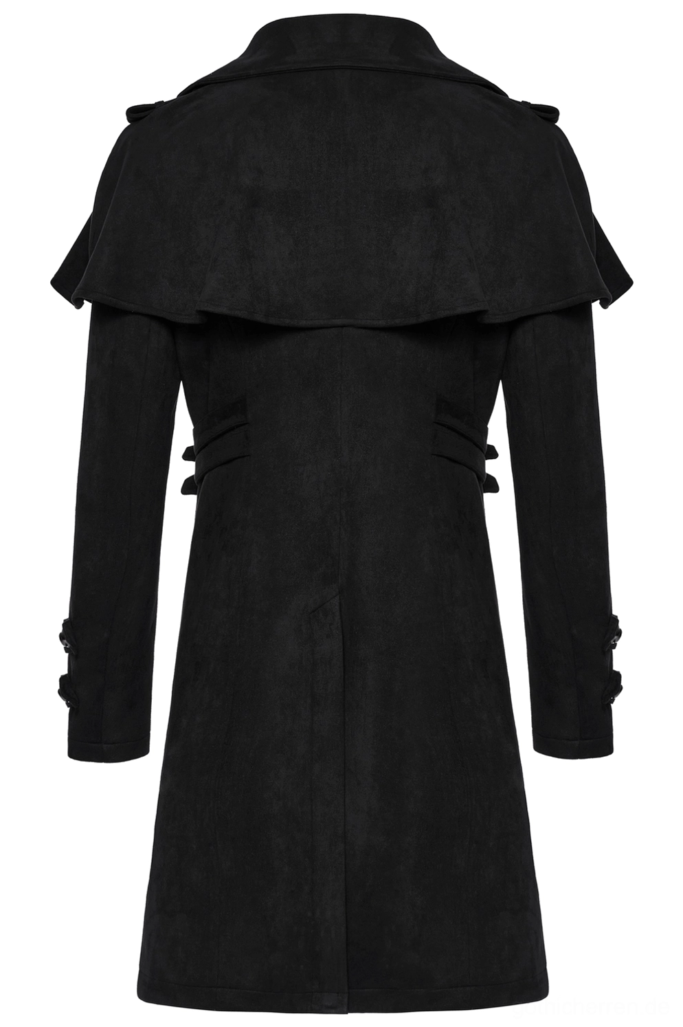 Schwarzer gotischer Suede-Mantel Rückflachlage zeigt dramatischen Cape-Kragen, Rückenschlitz-Design, dekorative Seitengurte und tailierte Längenkonstruktion