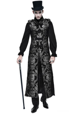 Schwarzer ärmeloser Gothic-Mantel mit silbernem Damast-Jacquard – Frontansicht auf männlichem Model mit Zylinder und Gehstock, vollständige Körperlänge auf weißem Hintergrund